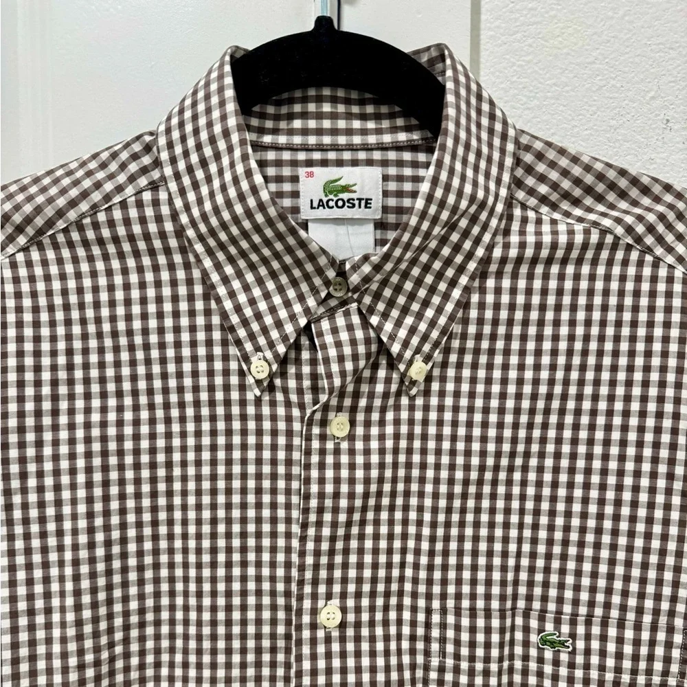 Lacoste Men's NWT Gingham 100% Cotton Button-Down Shirt in Brown and White - Picture 3 of 6